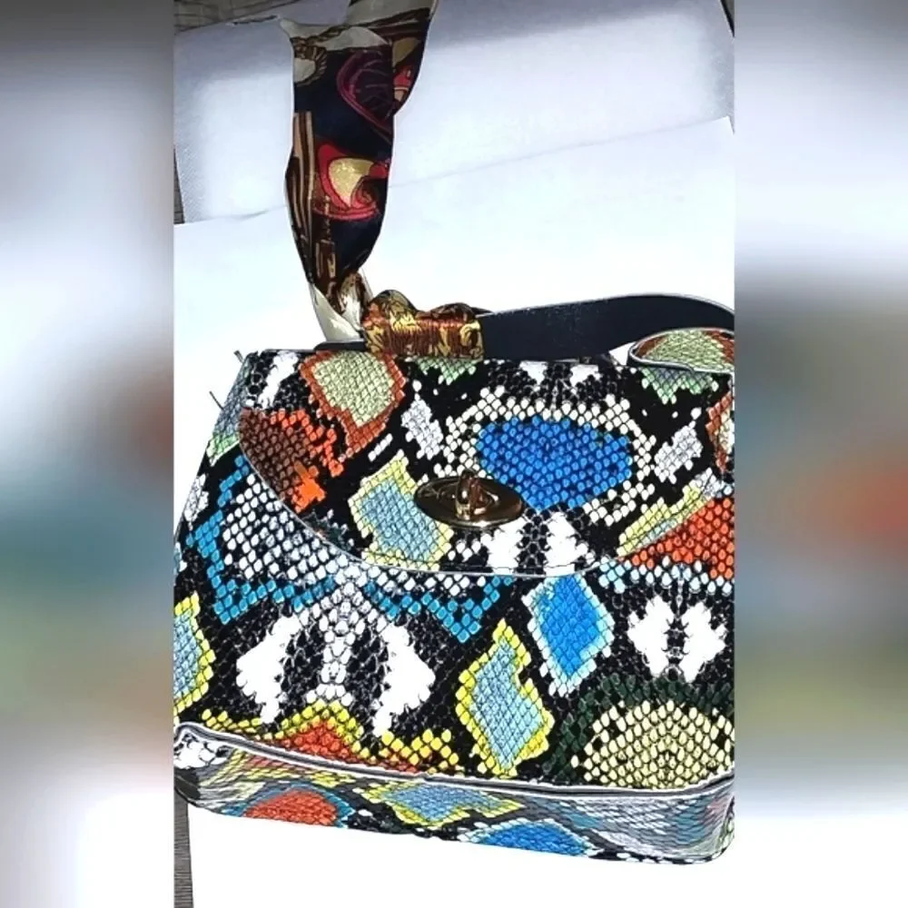 Women's Mini Snakeskin Embossed Handbag, Twilly Scarf Decor Flap Square Purse